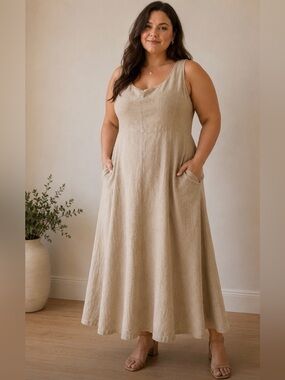 OLD NAVY Linen Blend Maxi Dress in Beige Linen Rayon